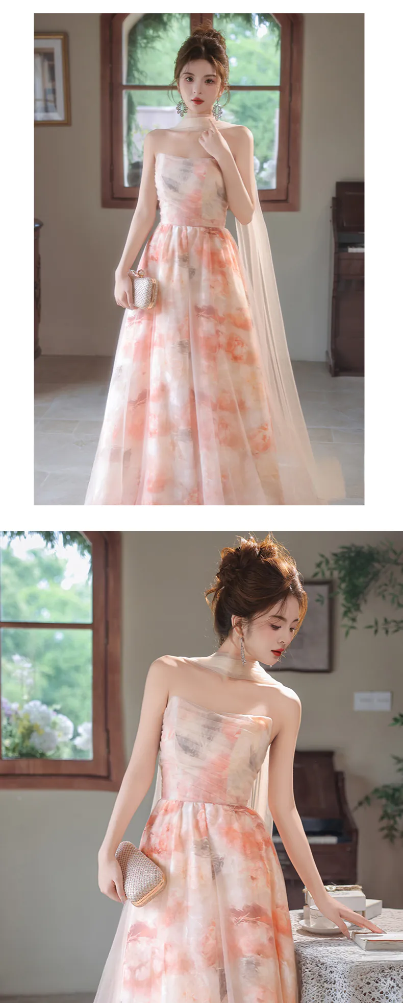 strapless open back dress Ruffle Pastel Floral Maxi Dress S