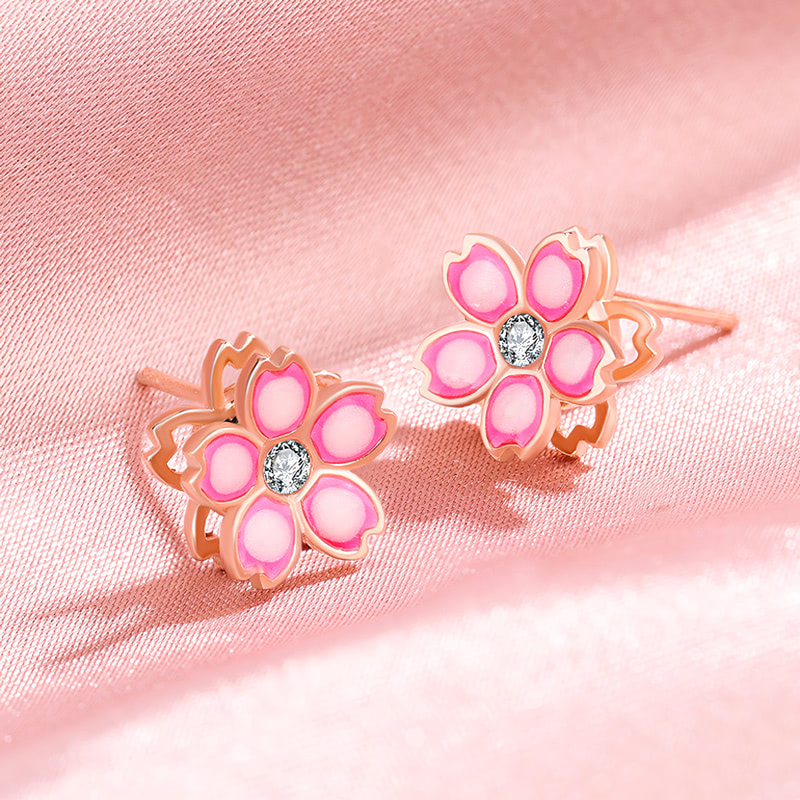 925 Sterling Silver Pink Flower Cherry Blossom Rotable Earrings Studs01