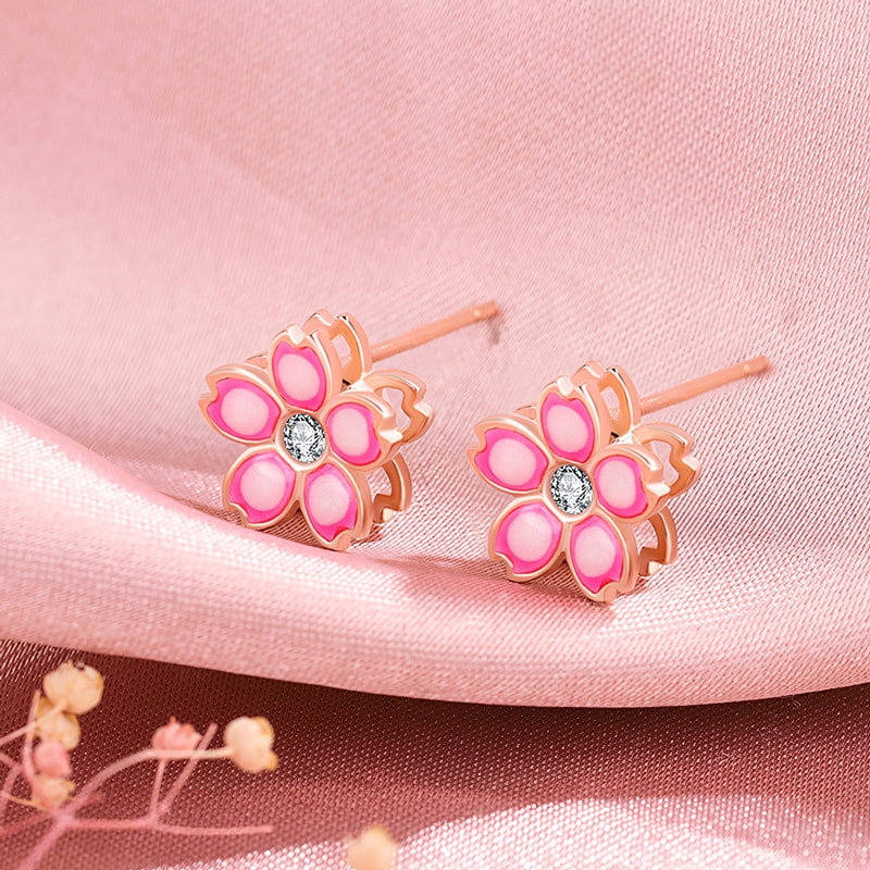 925 Sterling Silver Pink Flower Cherry Blossom Rotable Earrings Studs03
