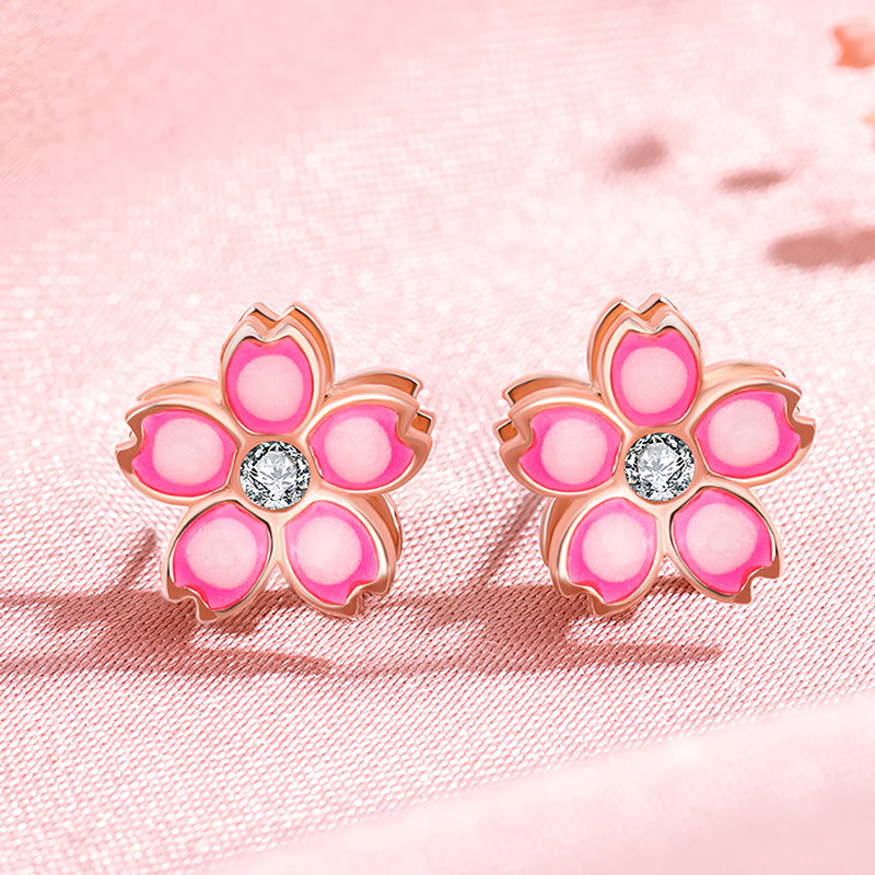 925 Sterling Silver Pink Flower Cherry Blossom Rotable Earrings Studs04