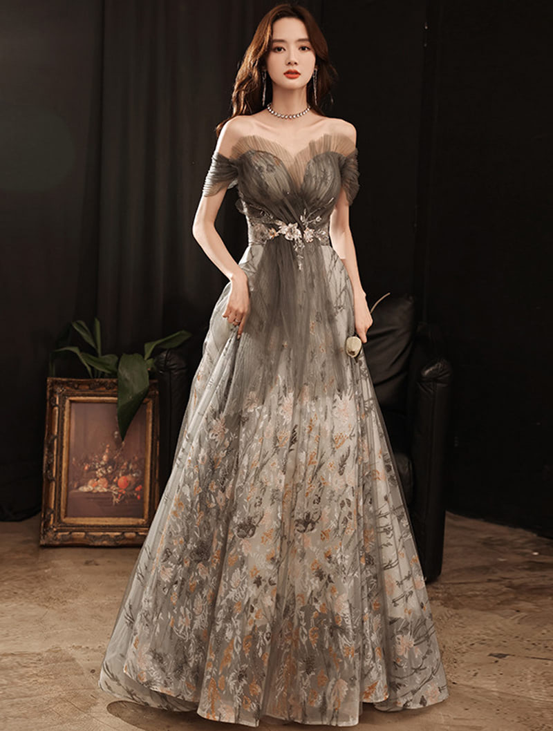 A Line Gray Off Shoulder Flora Tulle Long Prom Formal Party Dress01