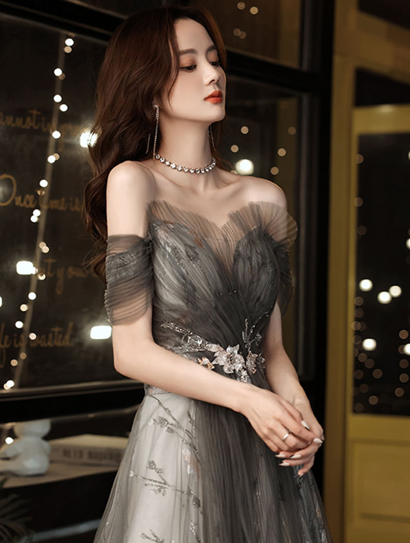 A Line Gray Off Shoulder Flora Tulle Long Prom Formal Party Dress01