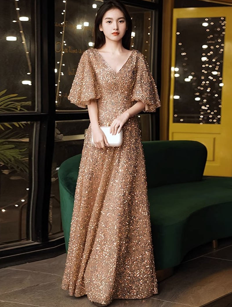 Champagne Glitter Sequin V Neck Plus Size Concert Party Club Dress01