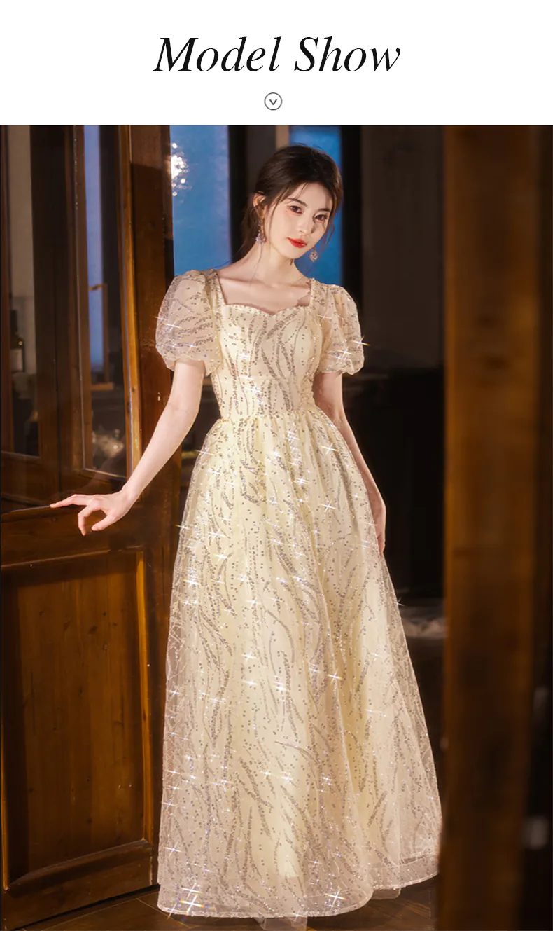 Champagne Princess Glitter Tulle Puff Sleeves Evening Dress Party Ball Gown  - FloraShe