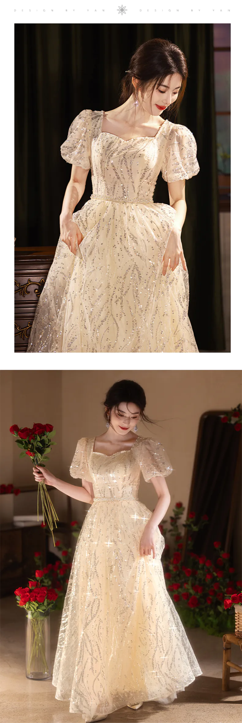 Champagne-Princess-Glitter-Tulle-Puff-Sleeves-Evening-Dress-Party-Ball-Gown13
