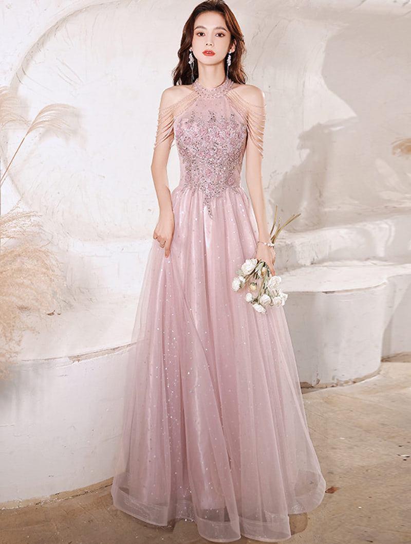 Elegant Pink Tulle Evening Gown Long Formal Prom Party Dress01