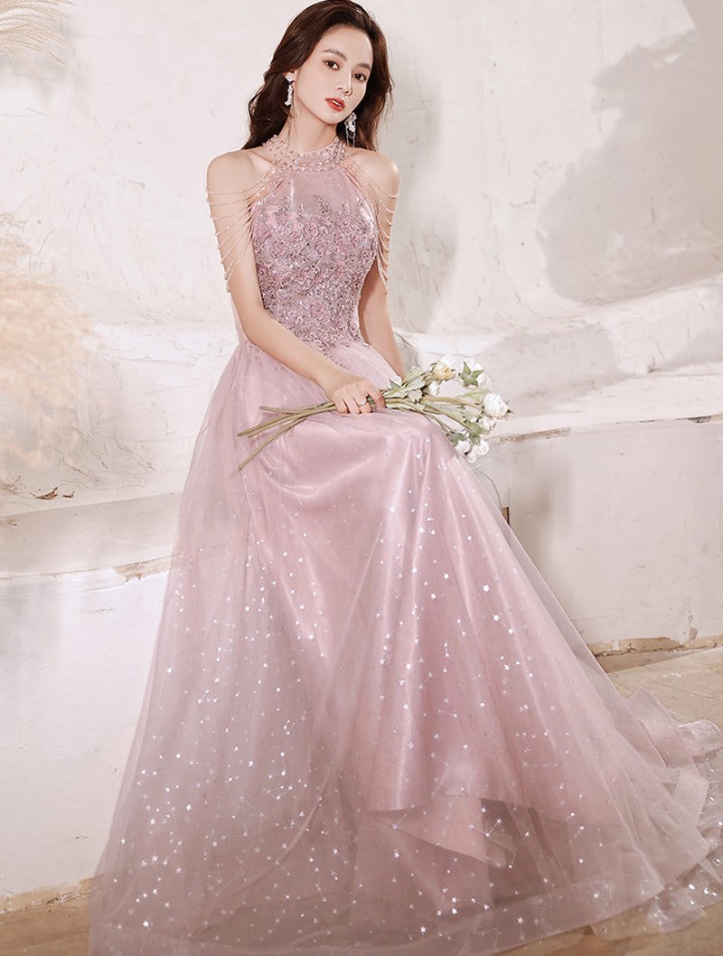 Elegant Pink Tulle Evening Gown Long Formal Prom Party Dress02