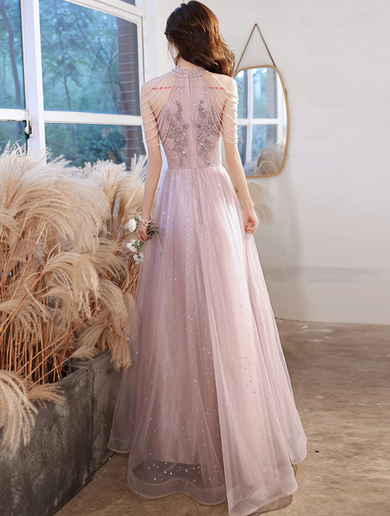 Elegant Pink Tulle Evening Gown Long Formal Prom Party Dress05