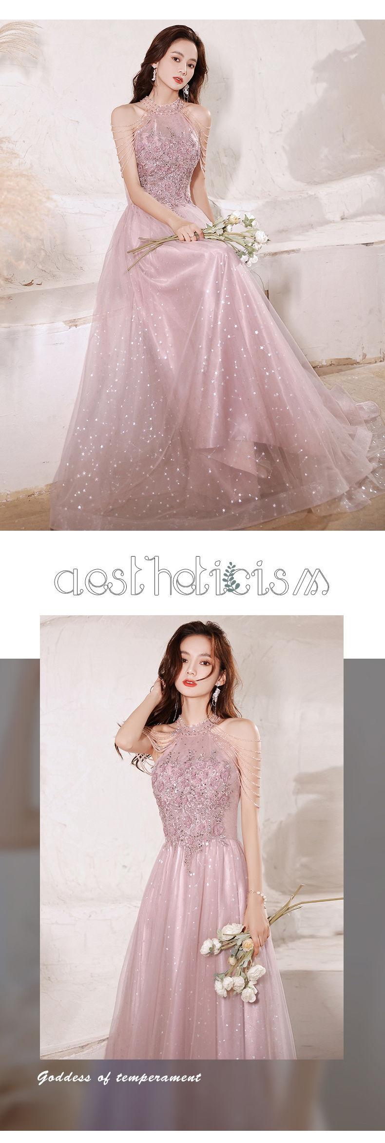 Elegant Pink Tulle Evening Gown Long Formal Prom Party Dress13