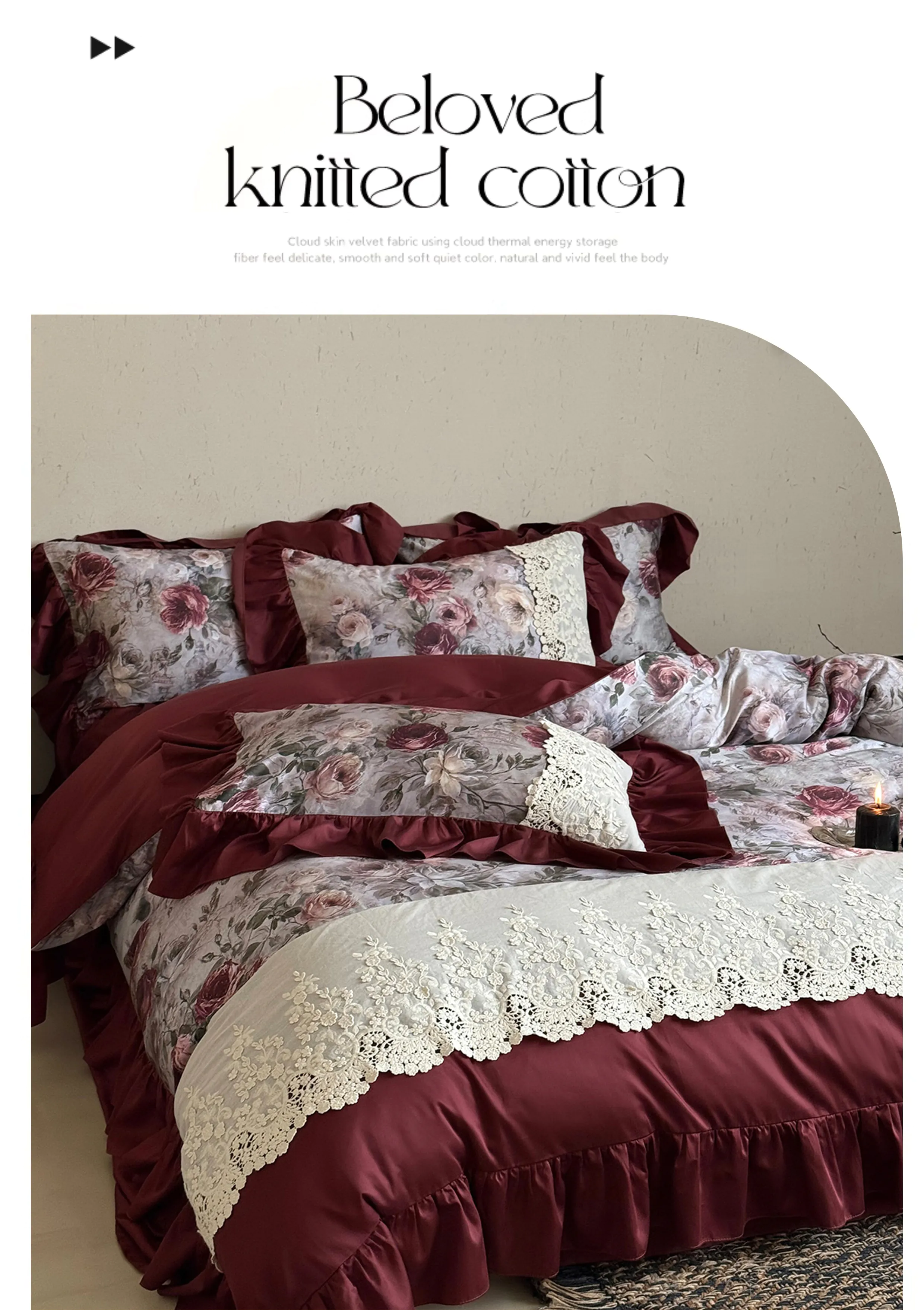 French-Vintage-Burgundy-Rose-Floral-All-Cotton-Lace-Trim-Duvet-Cover-Set07