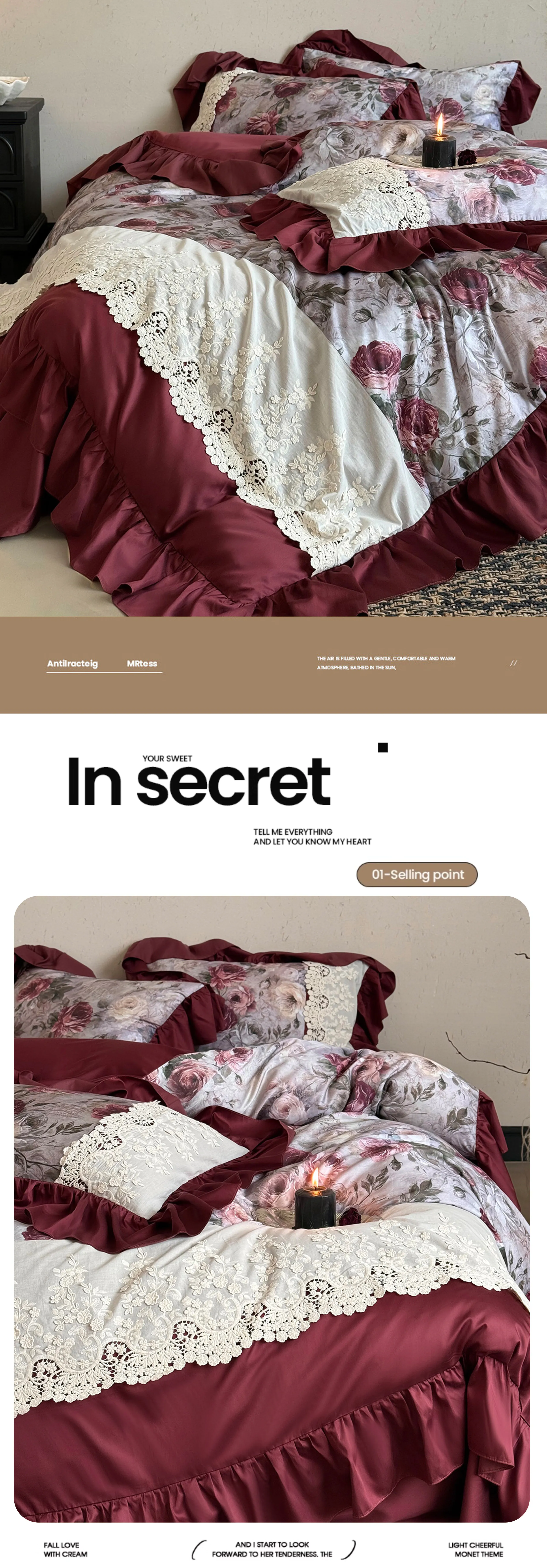 French-Vintage-Burgundy-Rose-Floral-All-Cotton-Lace-Trim-Duvet-Cover-Set09