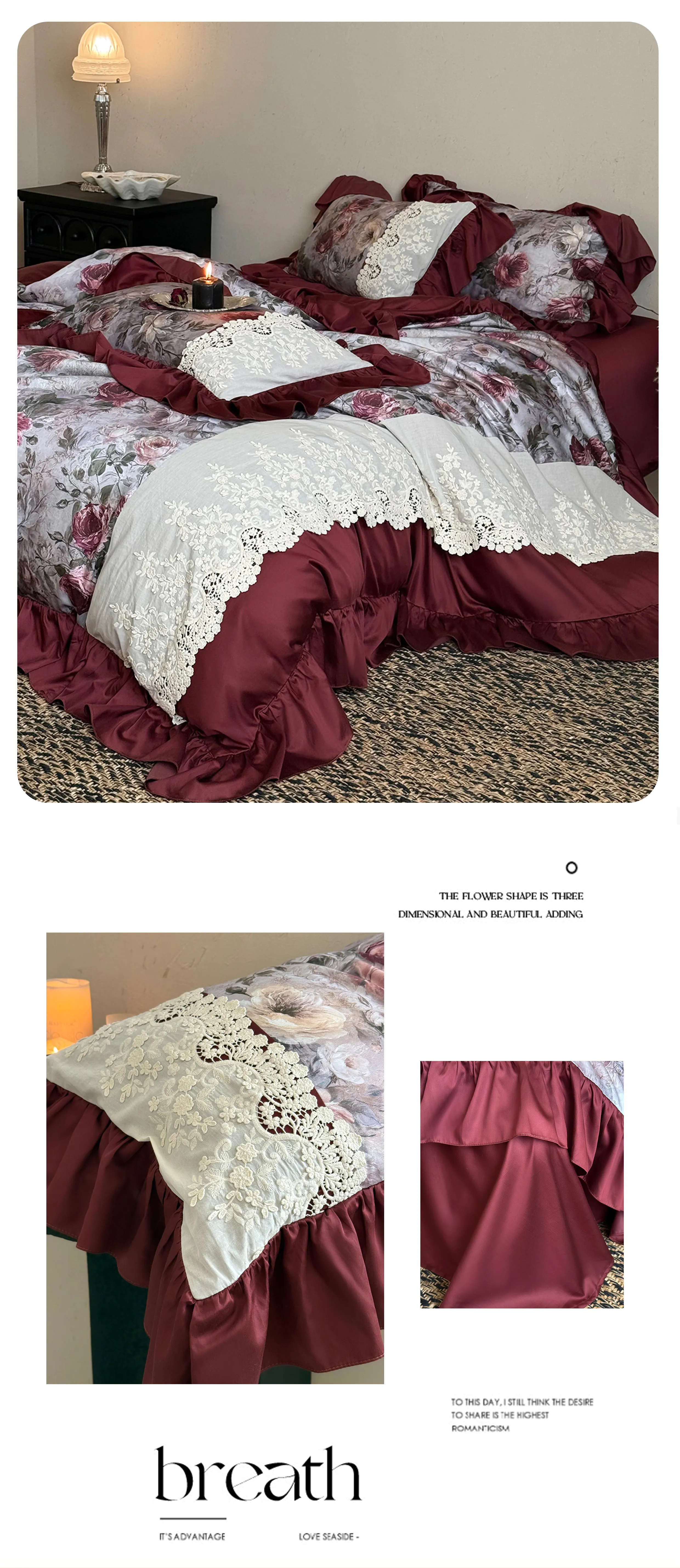 French-Vintage-Burgundy-Rose-Floral-All-Cotton-Lace-Trim-Duvet-Cover-Set10
