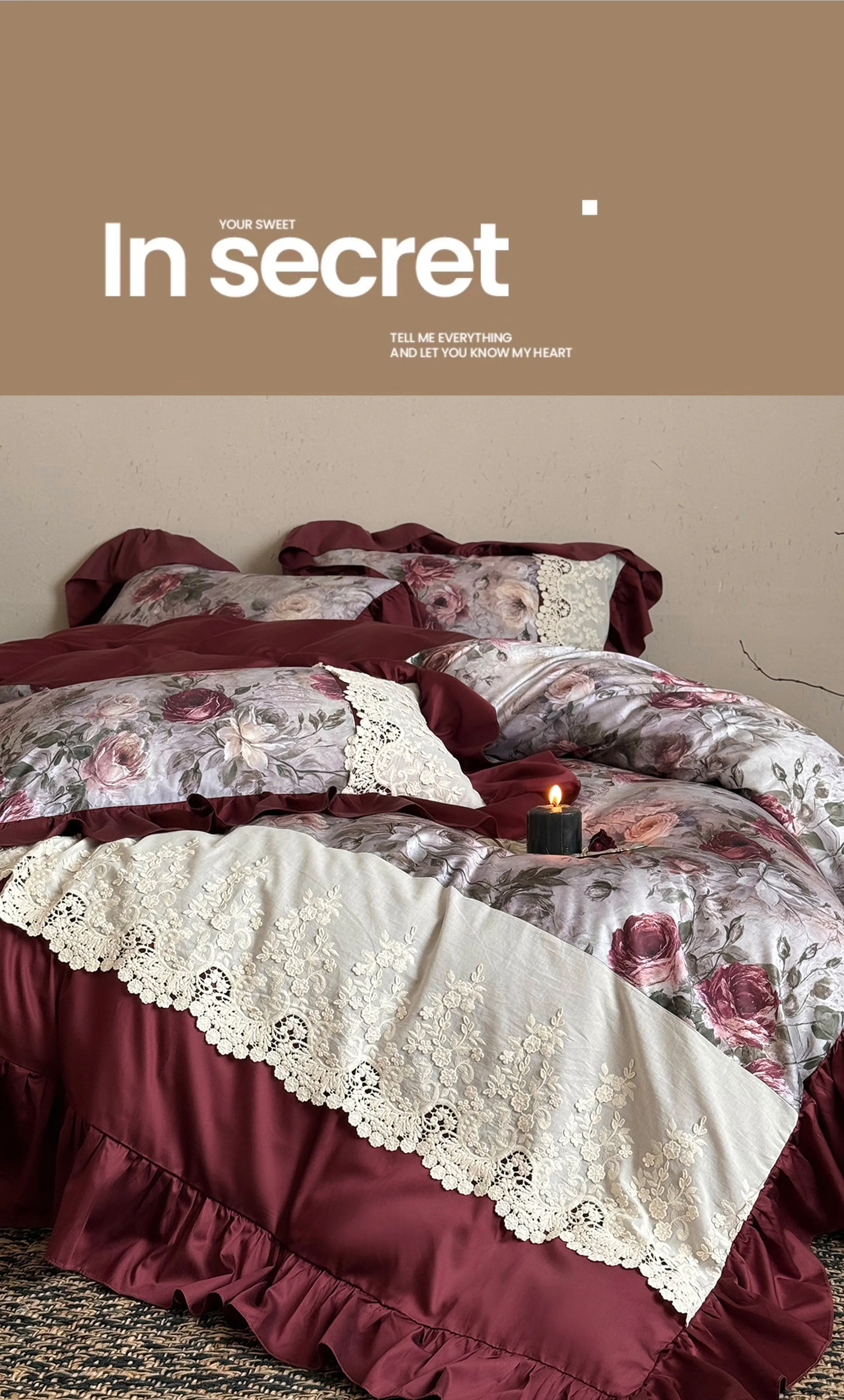 French-Vintage-Burgundy-Rose-Floral-All-Cotton-Lace-Trim-Duvet-Cover-Set11
