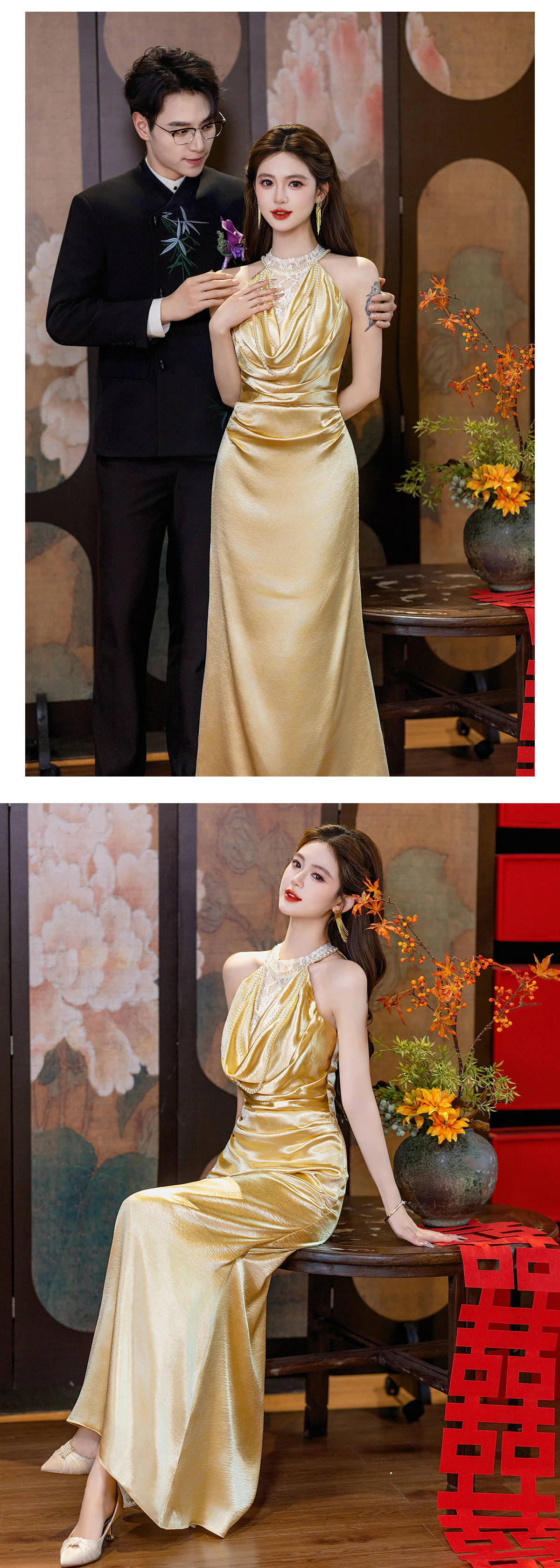 Glamorous-Halter-Lace-Neckline-Ruched-Gold-Satin-Mermaid-Evening-Dress13