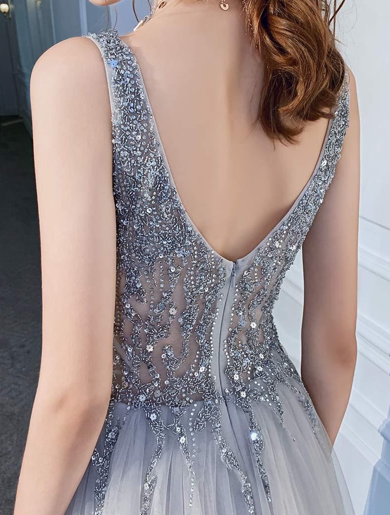 Sexy Slim Backless Sequin Prom Dress A Line Tulle Long Evening Gown03