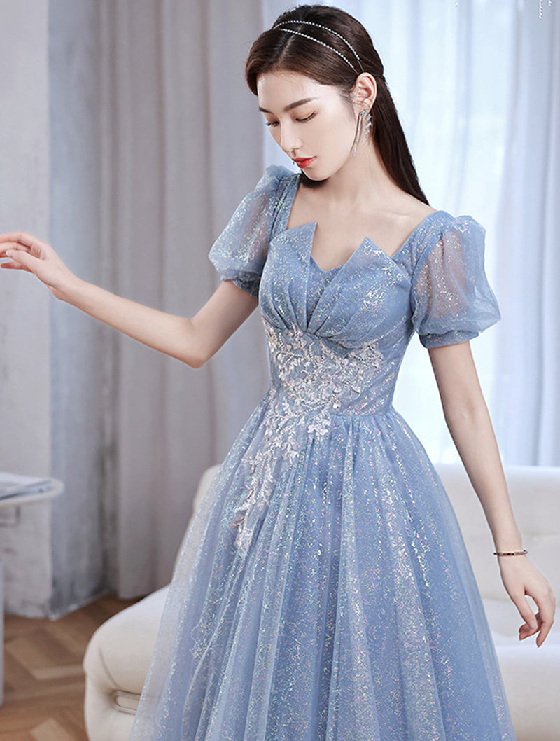 Short Sleeve Blue Formal Dress Evening Party Long Ball Gown01