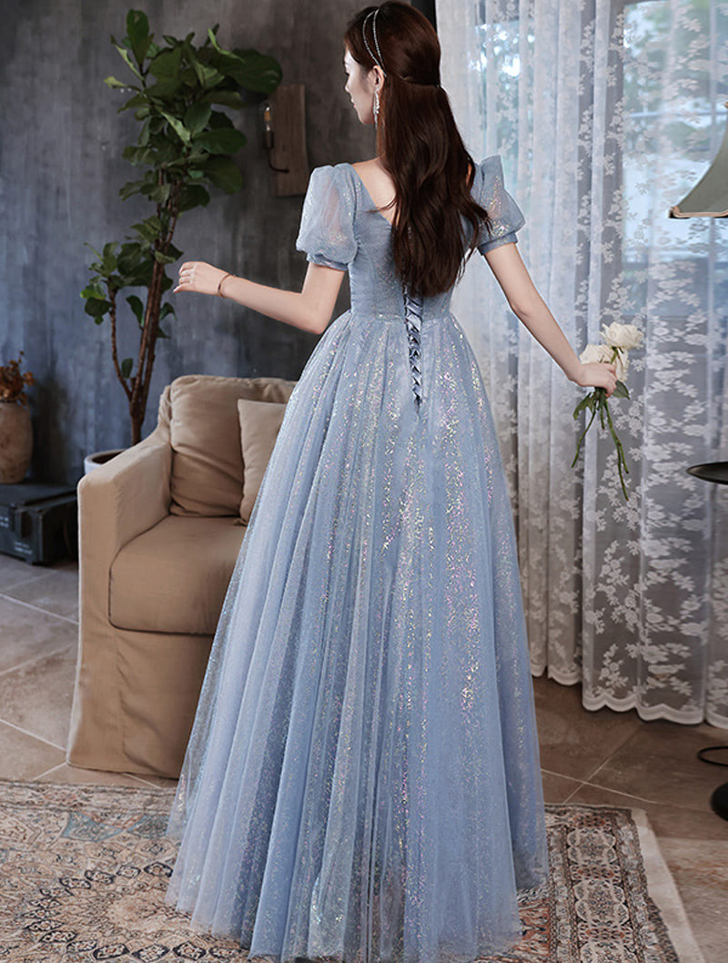 Short Sleeve Blue Formal Dress Evening Party Long Ball Gown05