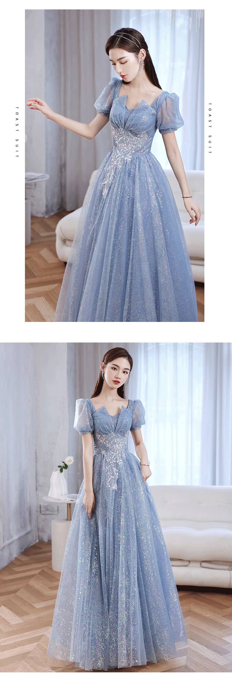 Short Sleeve Blue Formal Dress Evening Party Long Ball Gown13