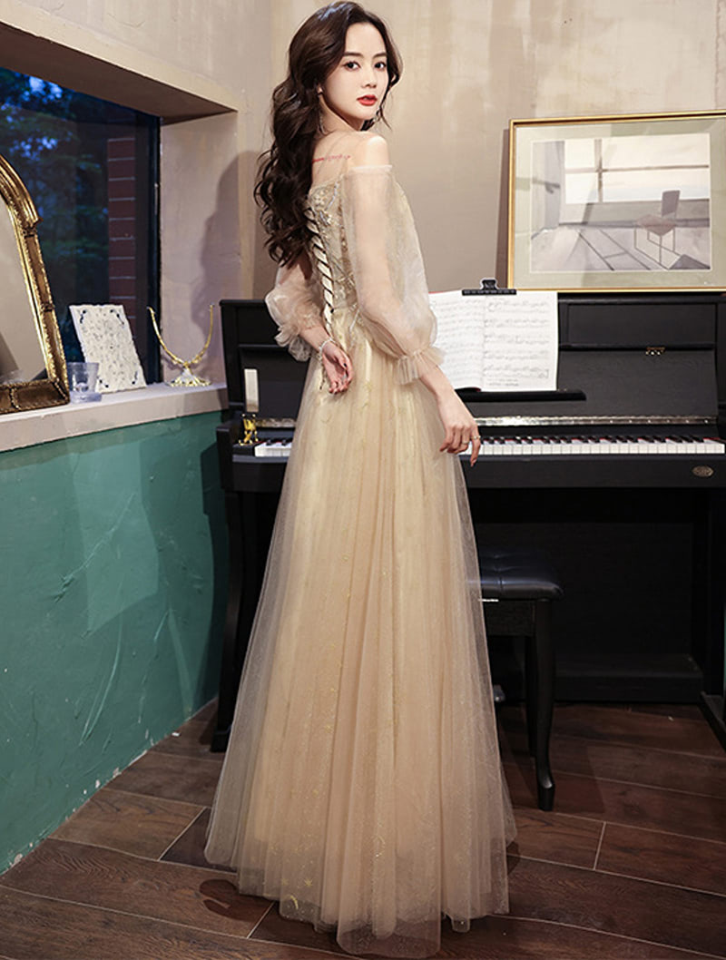 Simple Elegant Champagne Formal Maxi Dress Evening Party Gown05