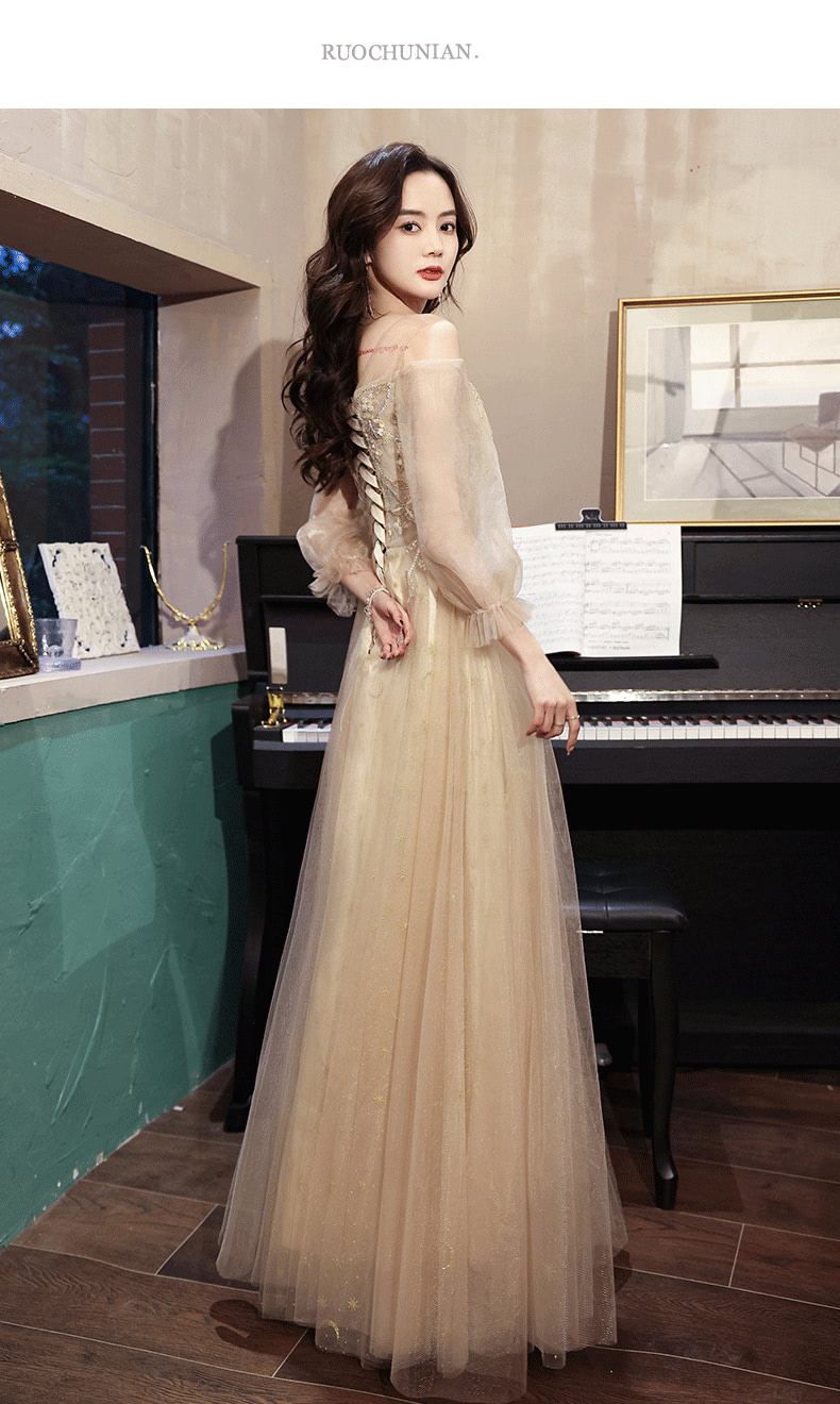 Simple Elegant Champagne Formal Maxi Dress Evening Party Gown12