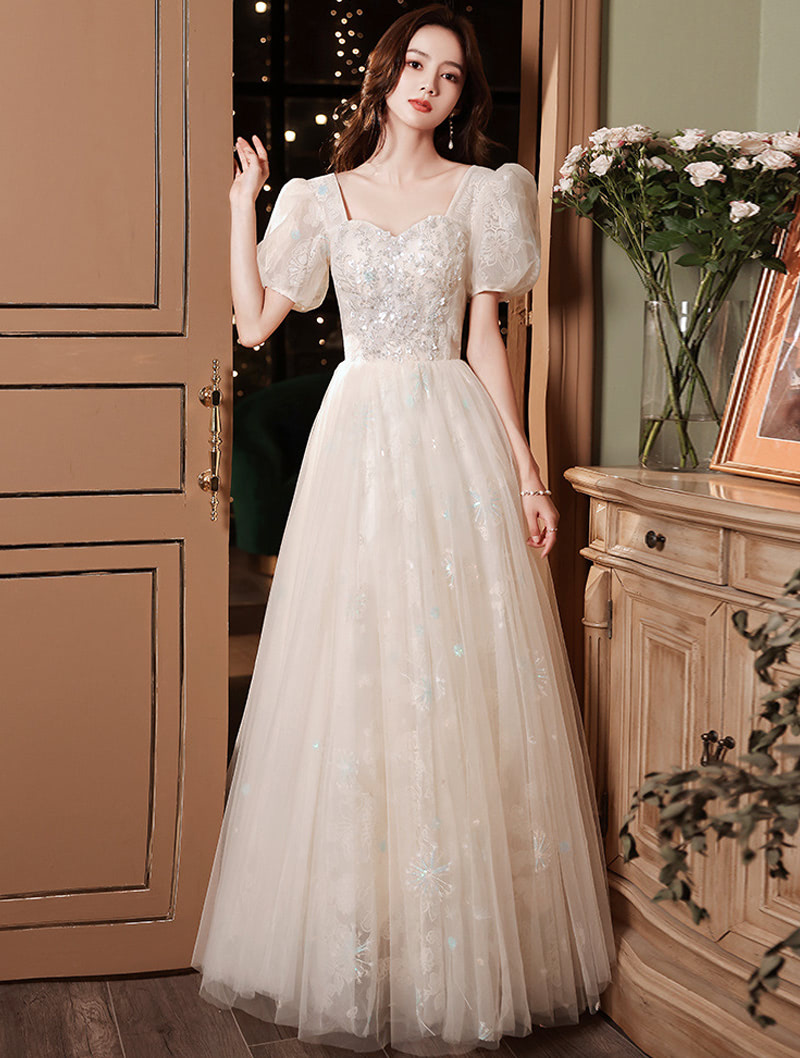 Simple Elegant Evening Dress Short Puff Sleeve Champagne Ball Gown01