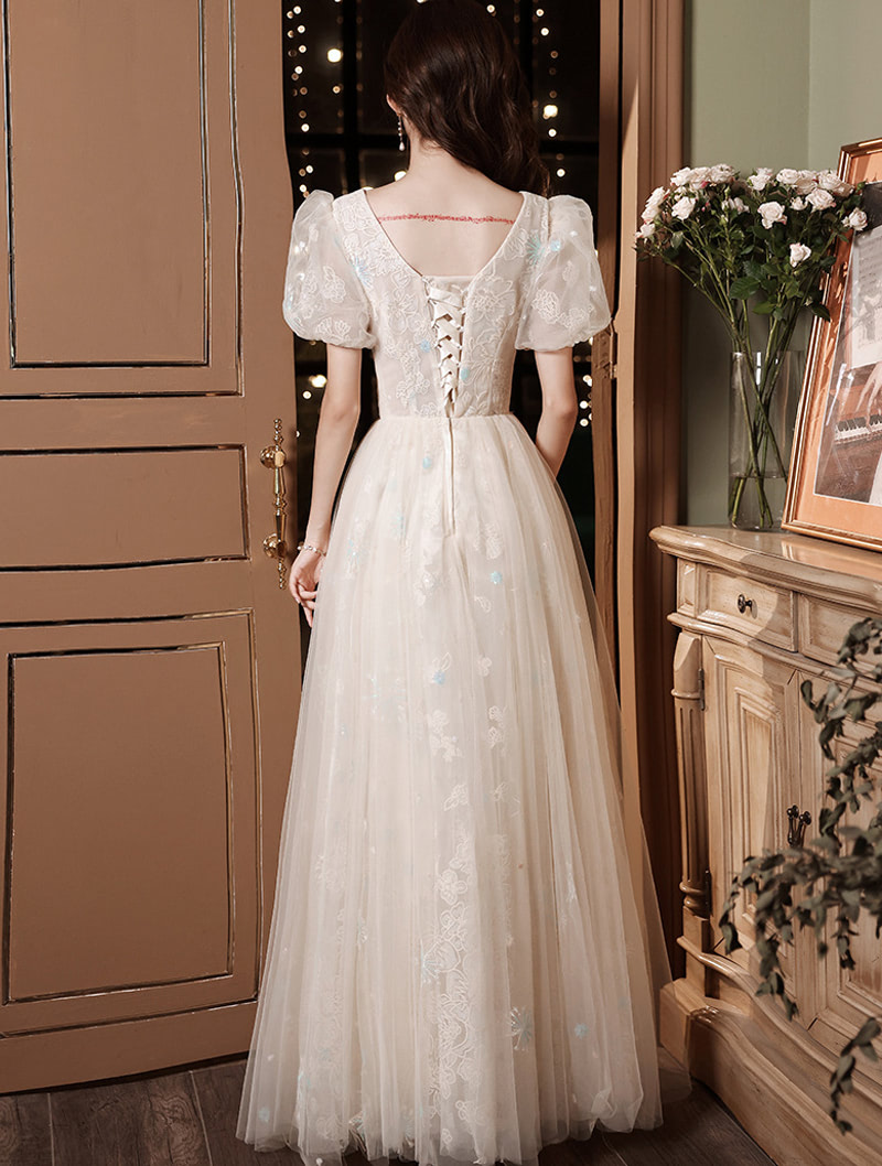 Simple Elegant Evening Dress Short Puff Sleeve Champagne Ball Gown05