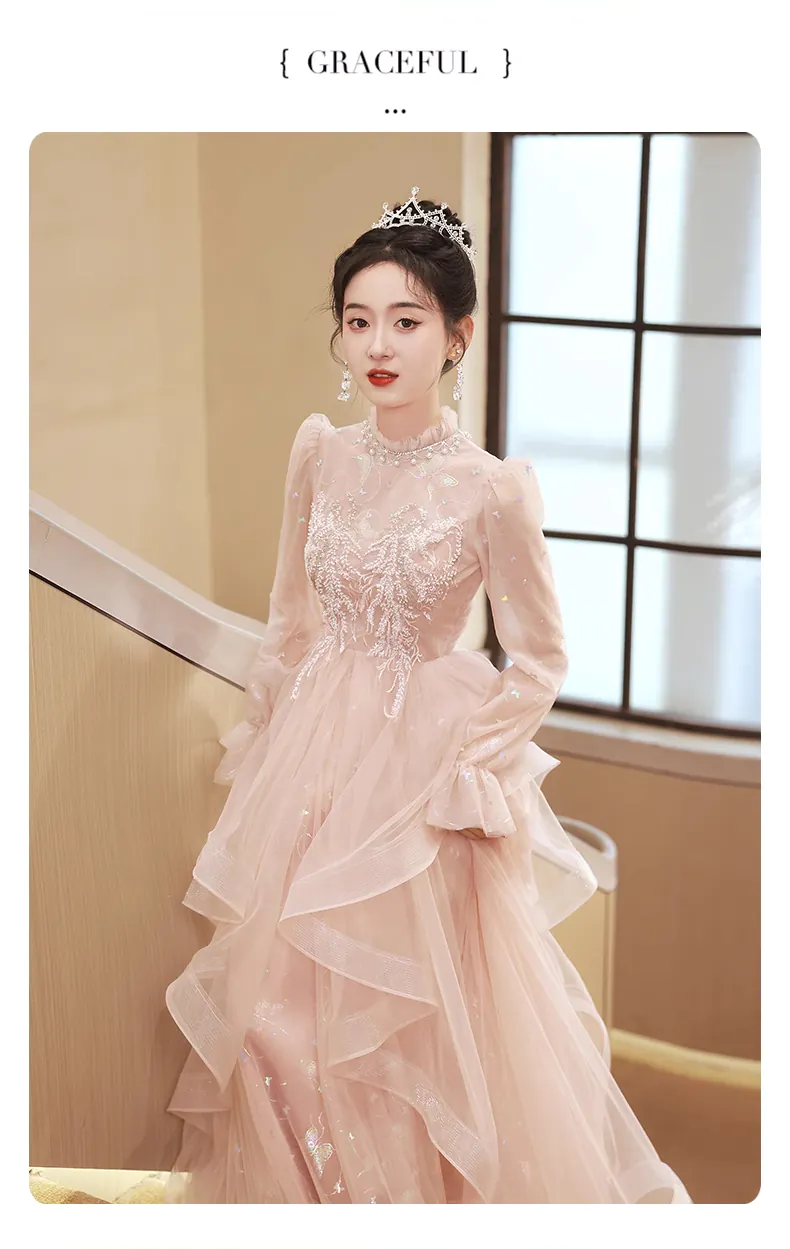 Sweet-Pink-Long-Sleeve-Back-Zipper-Chiffon-Prom-Party-Evening-Dress11