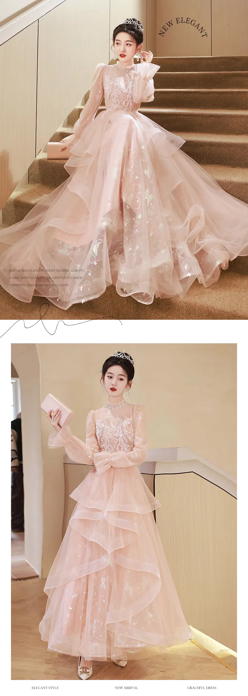 Sweet-Pink-Long-Sleeve-Back-Zipper-Chiffon-Prom-Party-Evening-Dress13