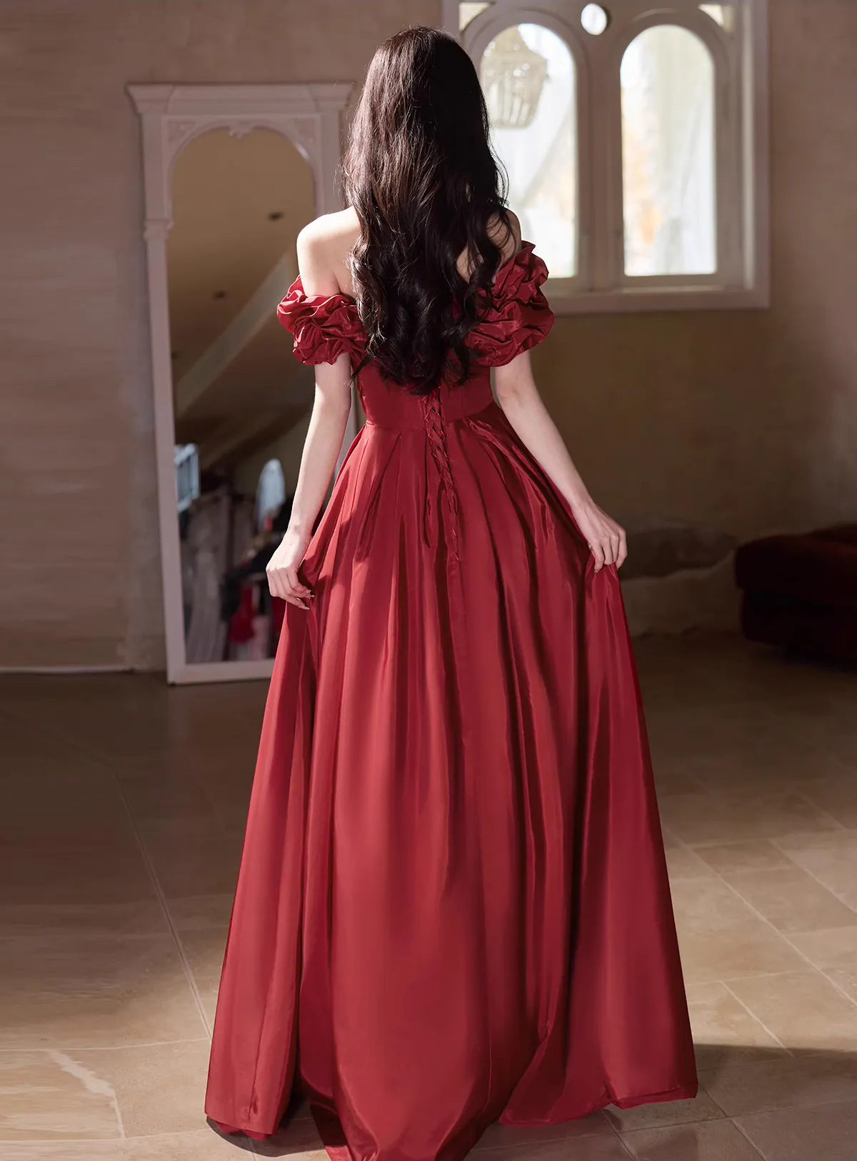 Chic-Red-Off-Shoulder-Ruffle-Neckline-Satin-Evening-Dress-Formal-Ball-Gown15