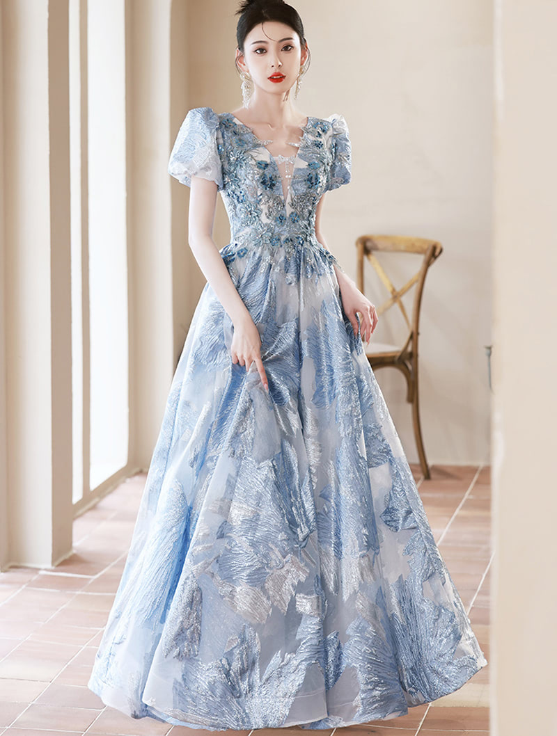 Delicate Blue Short Sleeve V Neck Embroidered Party Prom Formal Dress01