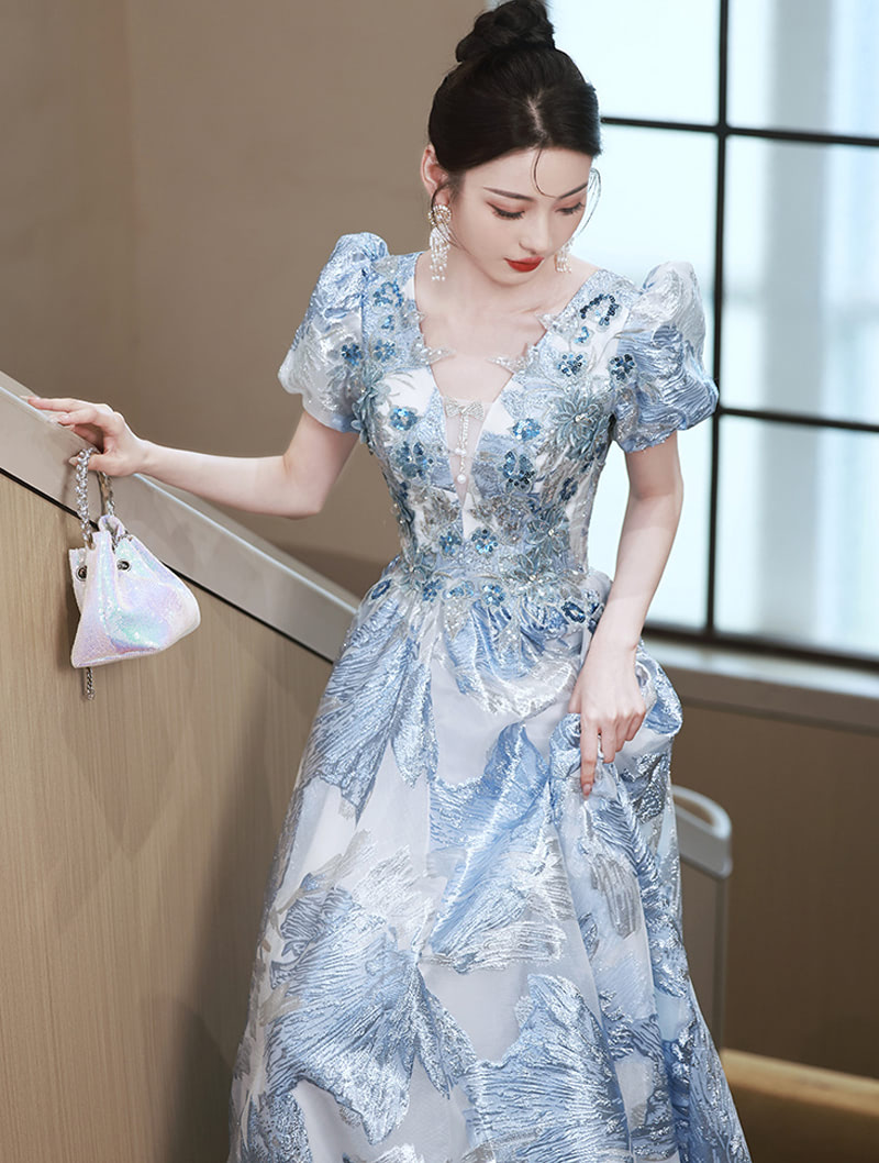 Delicate Blue Short Sleeve V Neck Embroidered Party Prom Formal Dress03