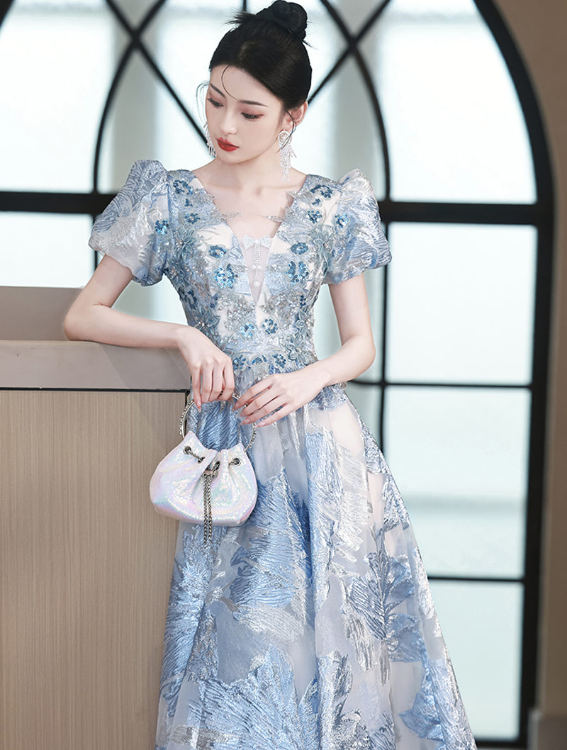 Delicate Blue Short Sleeve V Neck Embroidered Party Prom Formal Dress01