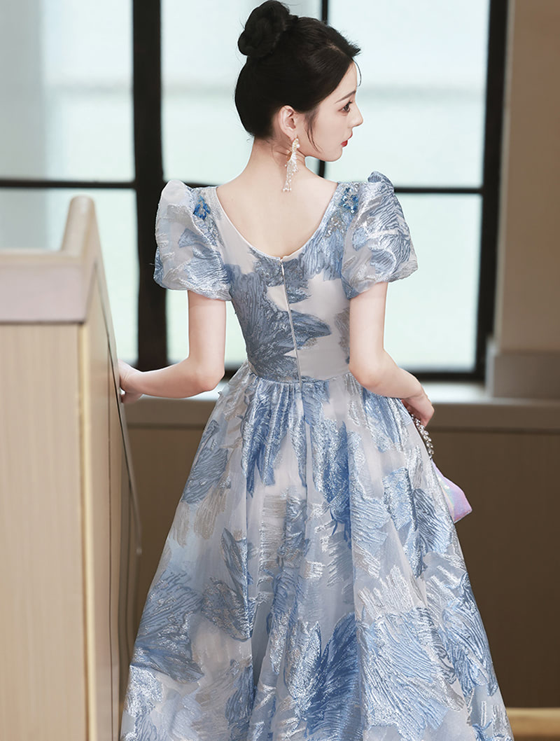 Delicate Blue Short Sleeve V Neck Embroidered Party Prom Formal Dress05