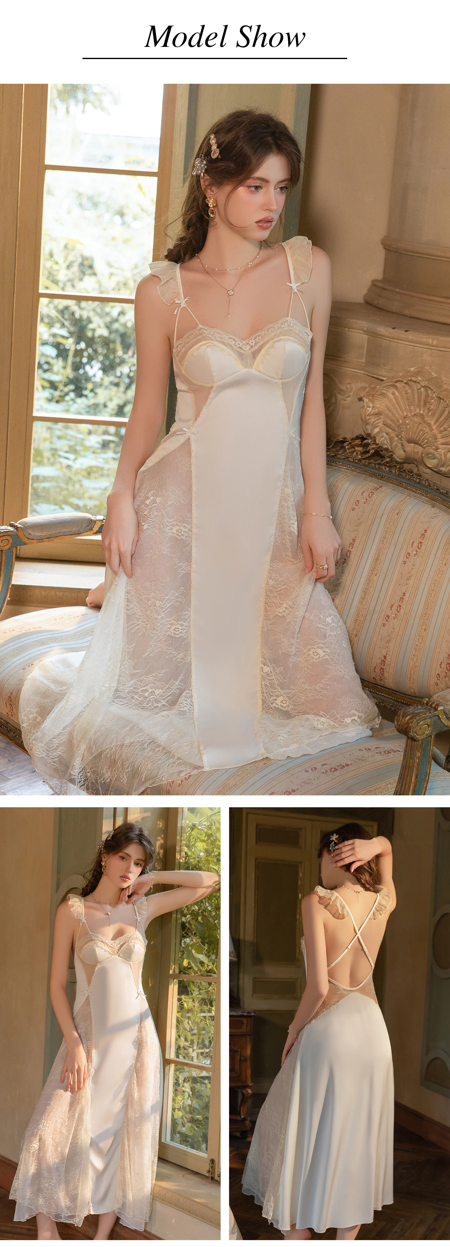 French-Style-Ladies-Plunge-V-Neck-Long-Lace-Sleep-Dress-Lingerie15
