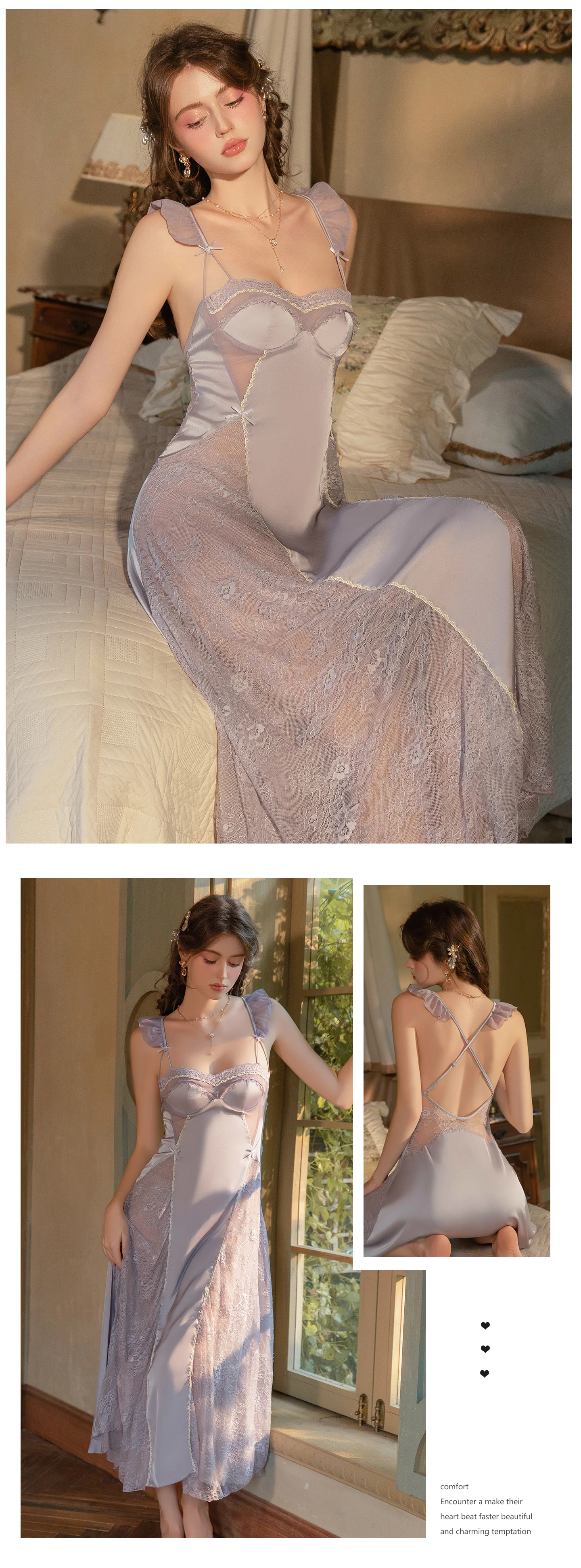 French-Style-Ladies-Plunge-V-Neck-Long-Lace-Sleep-Dress-Lingerie17
