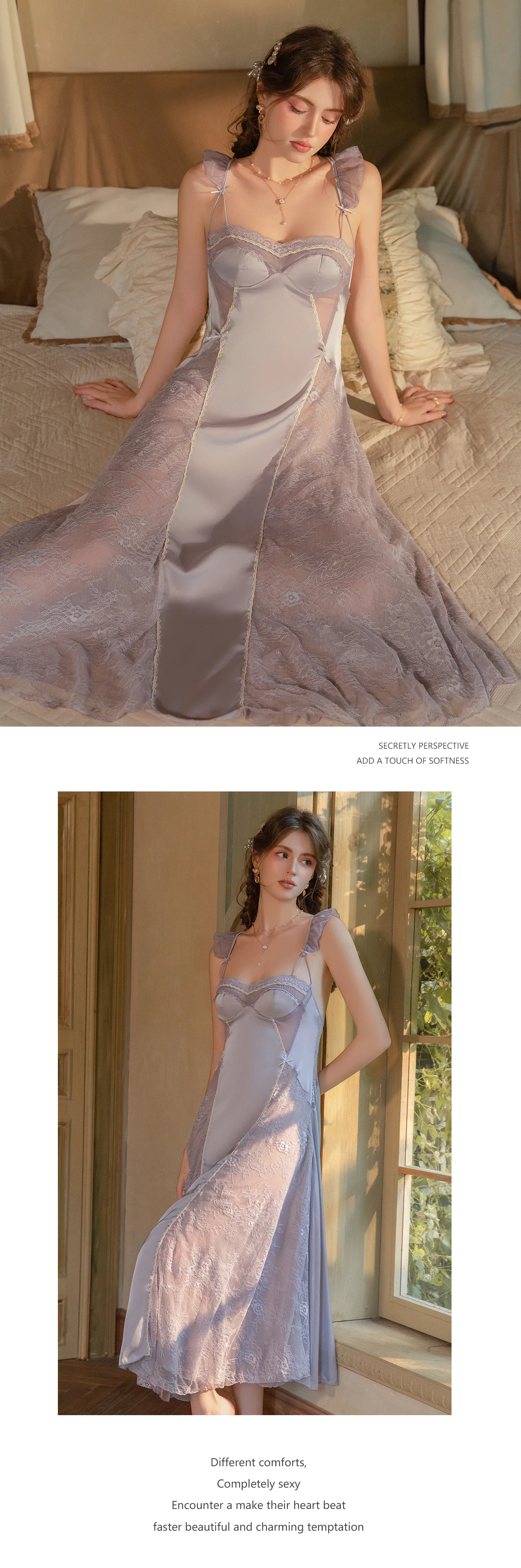 French-Style-Ladies-Plunge-V-Neck-Long-Lace-Sleep-Dress-Lingerie18