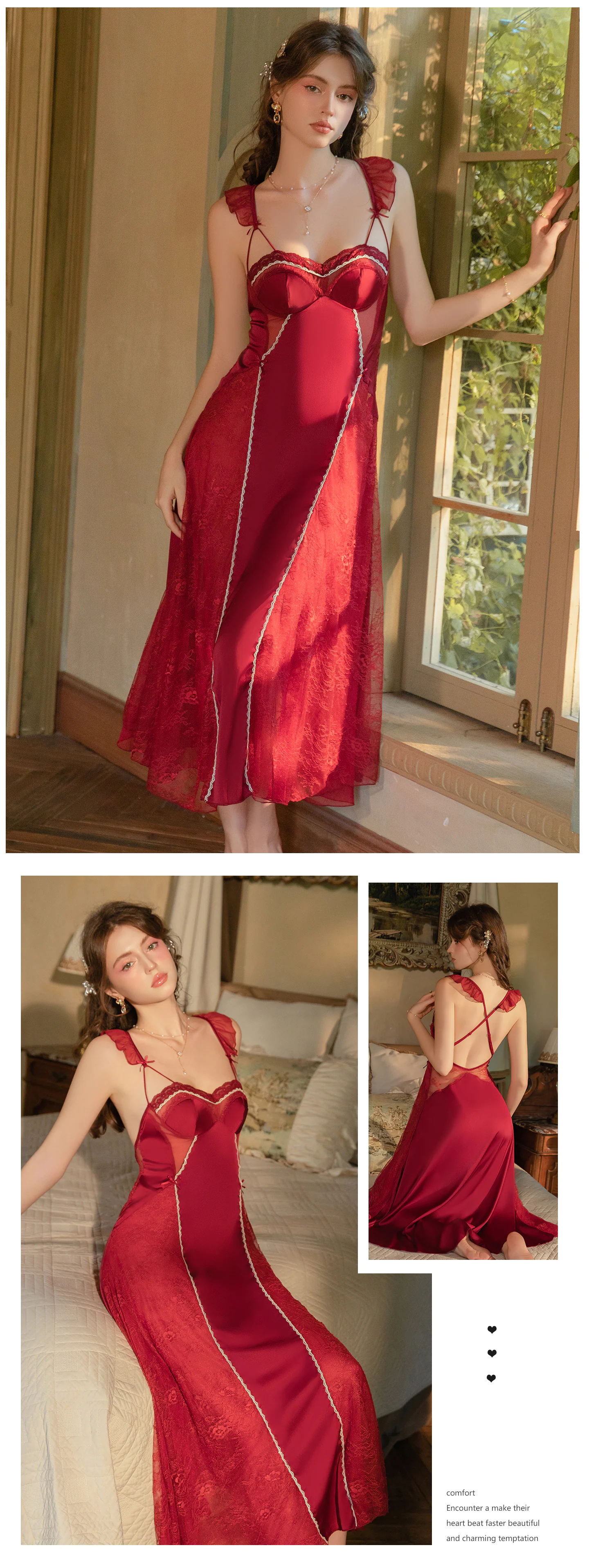 French-Style-Ladies-Plunge-V-Neck-Long-Lace-Sleep-Dress-Lingerie19