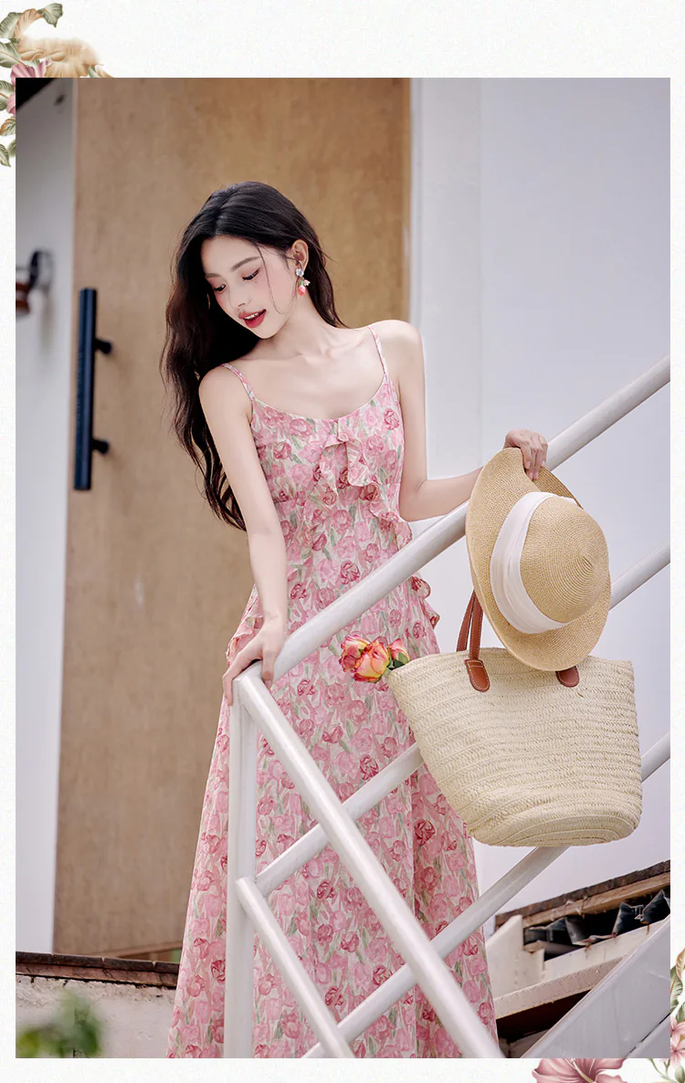 Gentle Rose Floral Print Ruffle Edge Camisole Dress with Knit