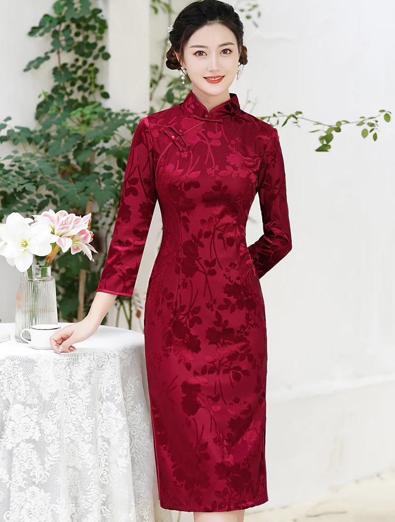 Ladies Velvet Jacquard Improved Long Sleeve Qipao Cheongsam Dress01