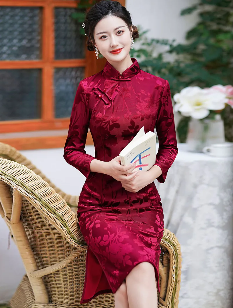 Ladies Velvet Jacquard Improved Long Sleeve Qipao Cheongsam Dress02