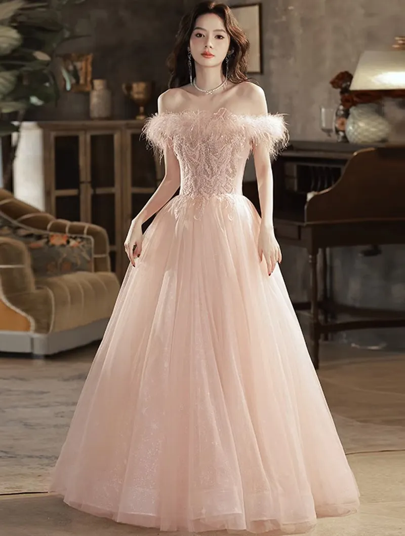 Pink Off Shoulder Feather Cocktail Party Prom Dress Evening Gown01