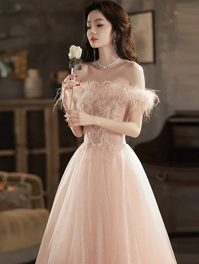 Pink Off Shoulder Feather Cocktail Party Prom Dress Evening Gown01