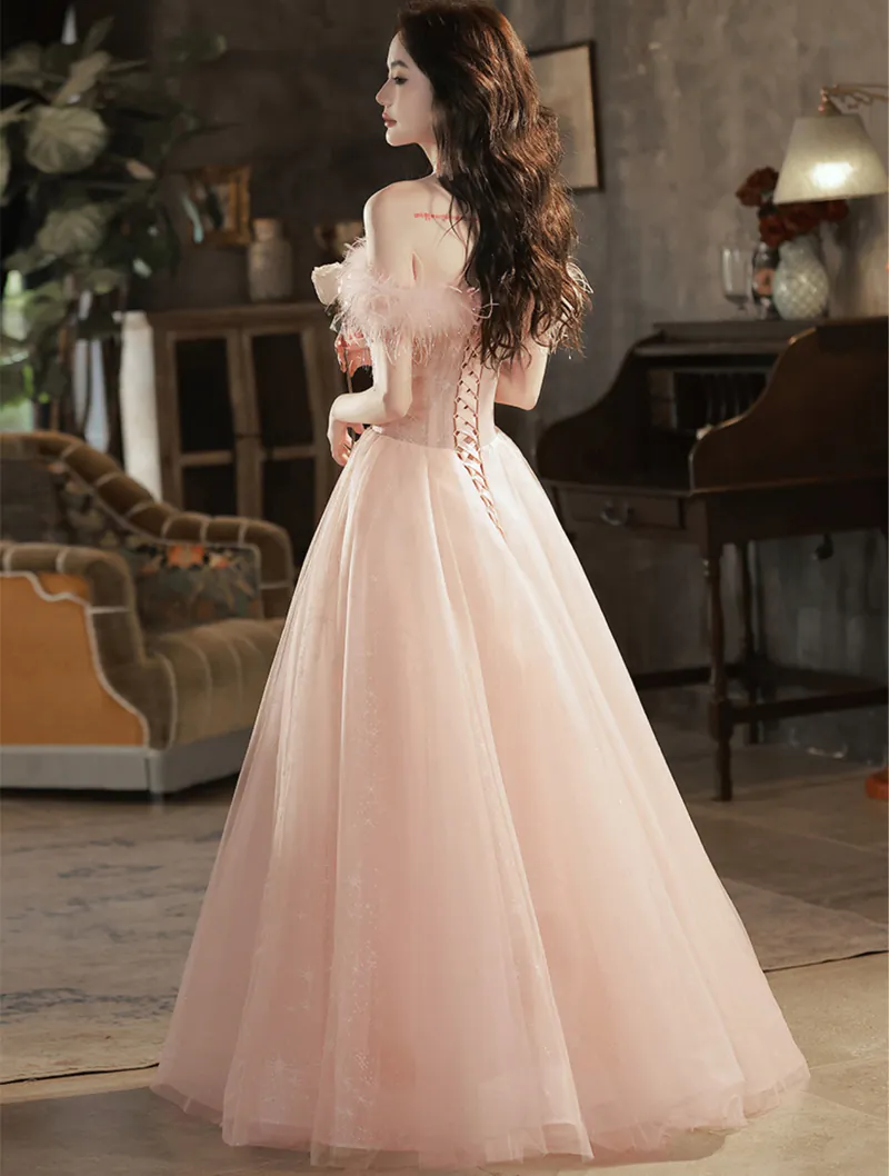 Pink Off Shoulder Feather Cocktail Party Prom Dress Evening Gown05