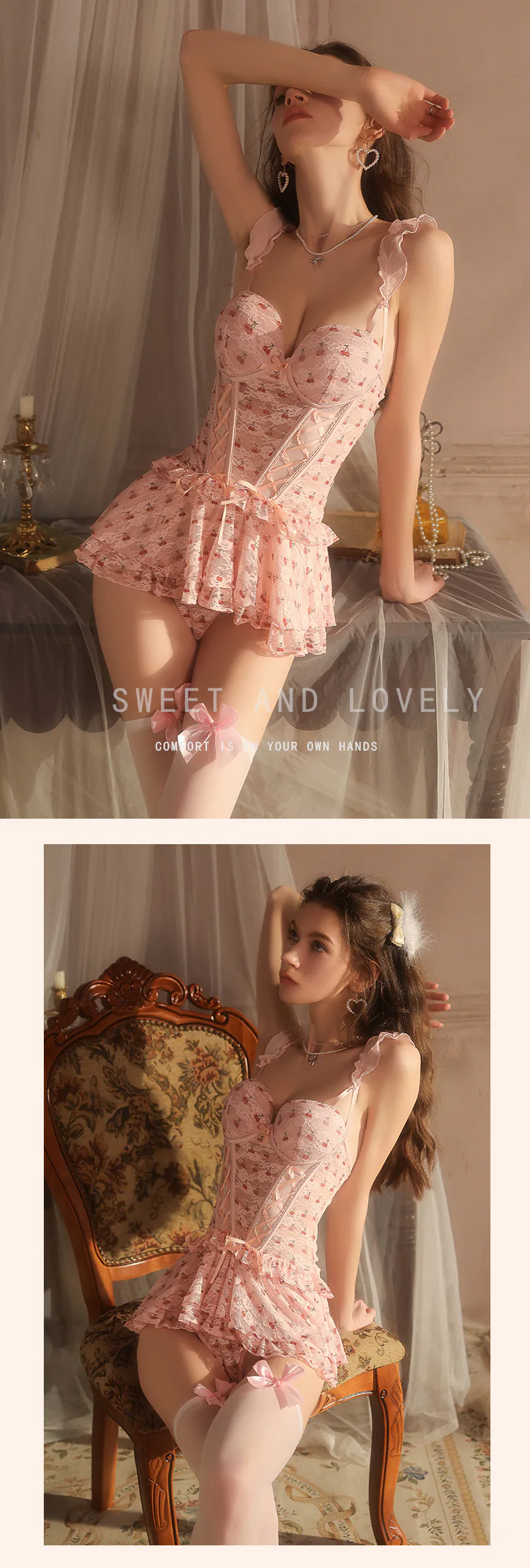Princess-Pink-Cherry-Print-Corset-Mesh-Lace-Plus-Size-Babydoll-Nightdress13