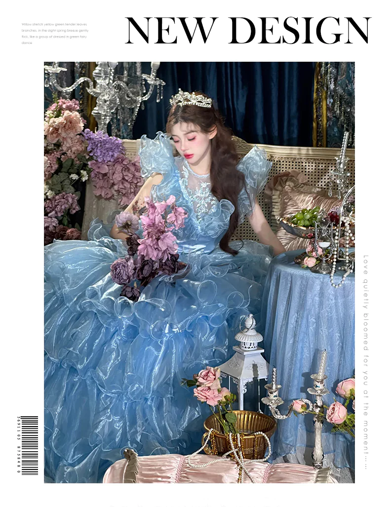 Princess Soft Blue Tiered Tulle Skirt Puffy Ball Gown Birthday Party Dress06
