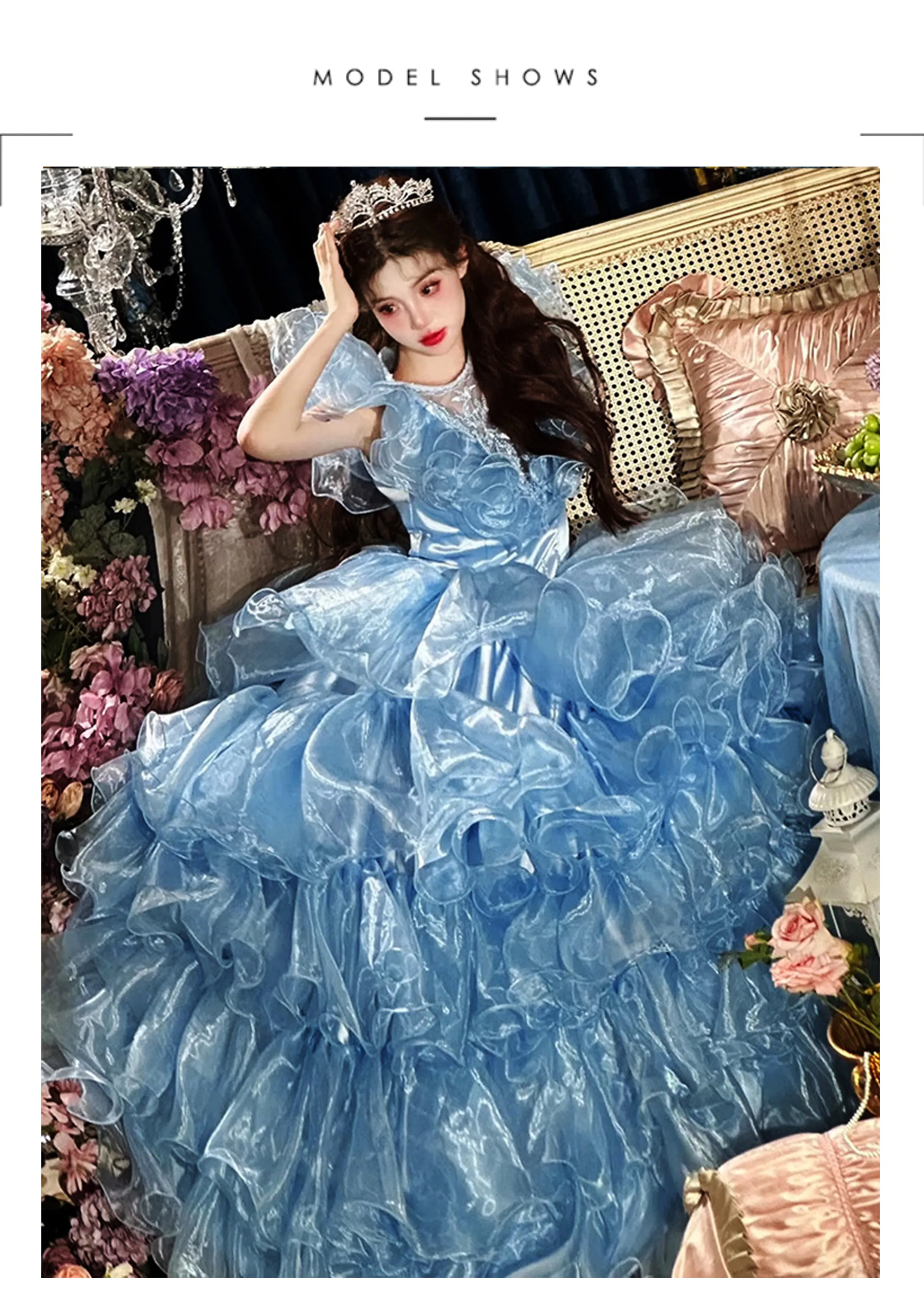 Princess Soft Blue Tiered Tulle Skirt Puffy Ball Gown Birthday Party Dress08