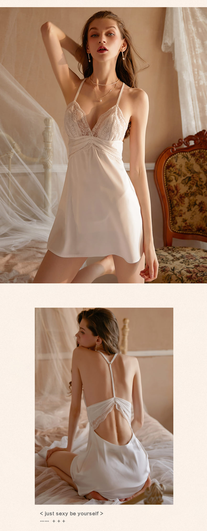 Sexy Feminine Lace Deep V Neck Backless Satin Nightgown18