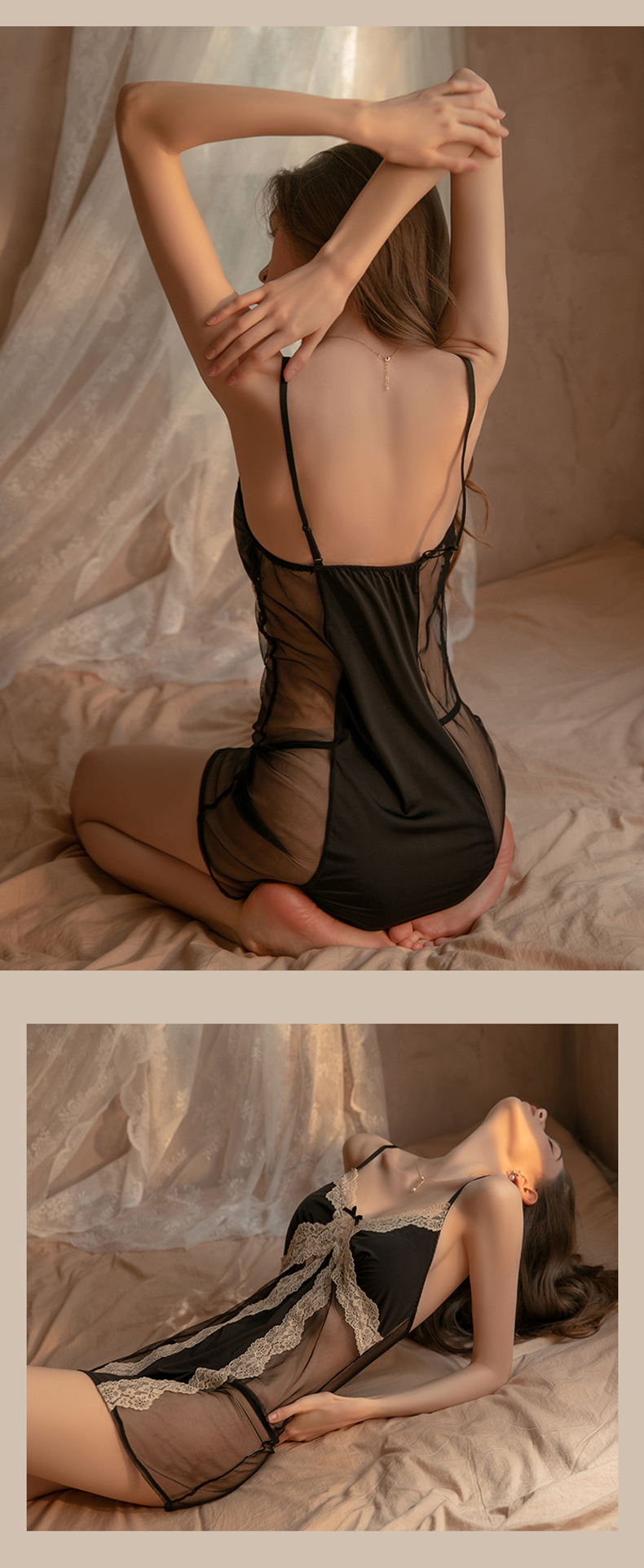 Soft Deep V Lingerie Slip Nightdress See Through Lace Pajamas11
