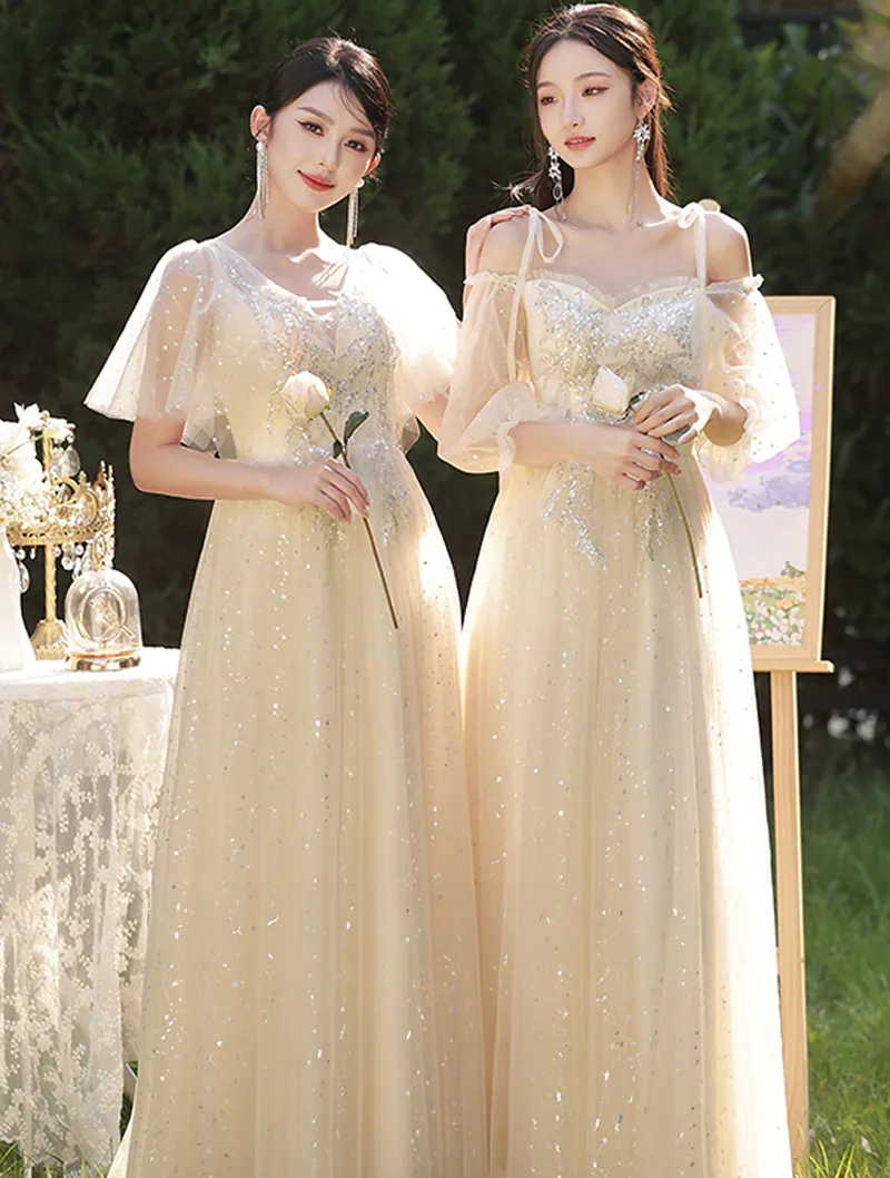 Sweet Champagne Chiffon Bridesmaid Dress Wedding Guest Long Gown02