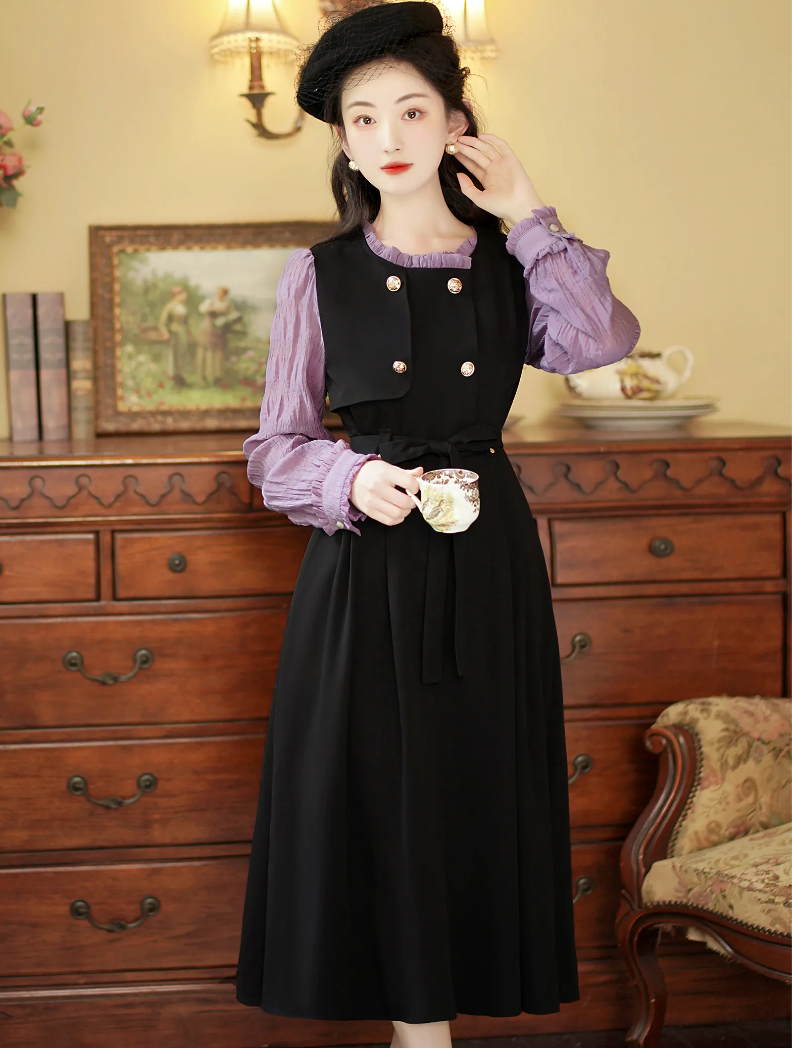 Sweet French Retro Long Sleeve Fake Two Piece Black Casual Dress01